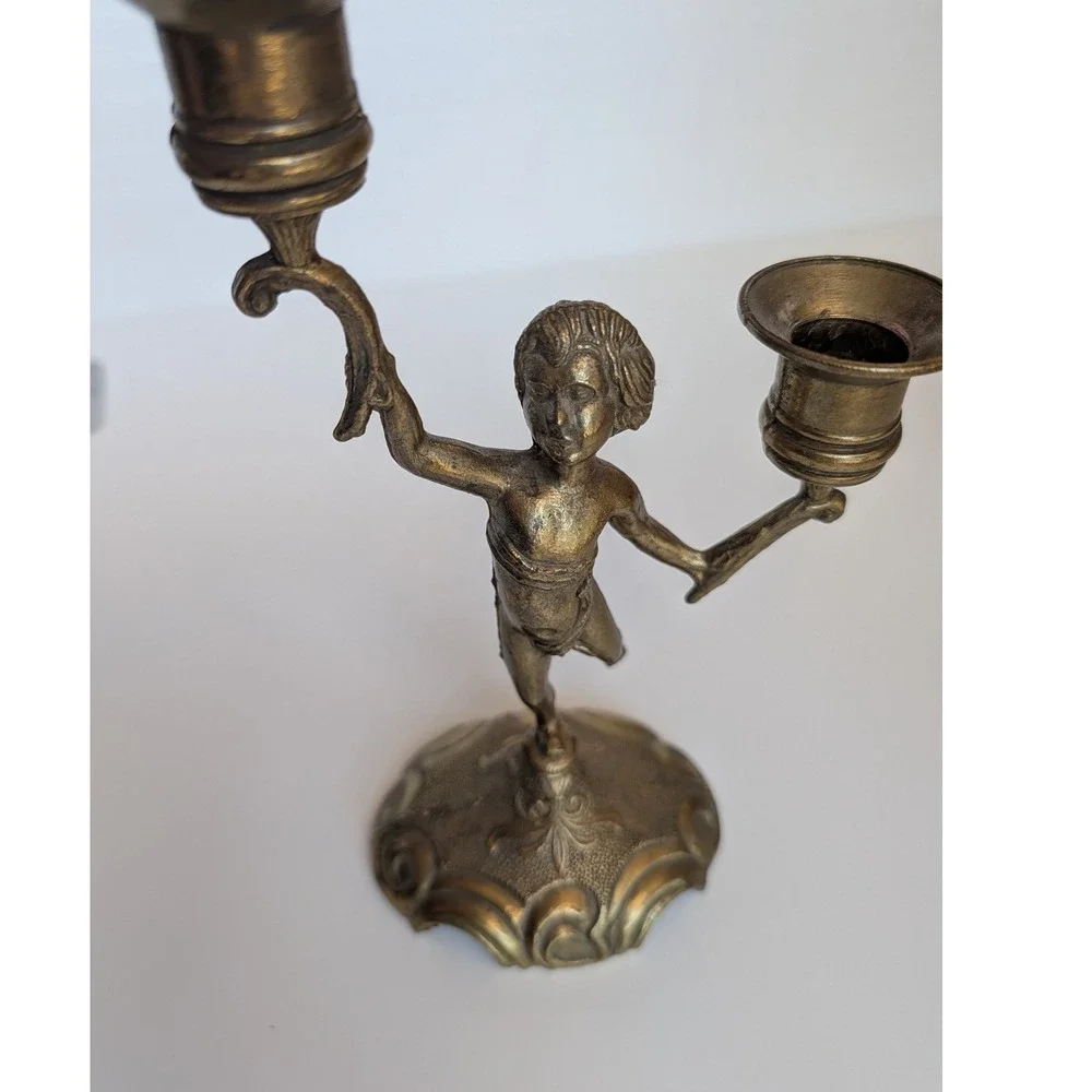 Solid Brass Cherub Candelabra Double Taper Candle Holder Putti Figure VTG